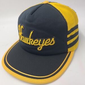 Vintage Iowa Hawkeyes Hat Snapback Black Yellow NCAA Mesh Script 3 Stripes 80s